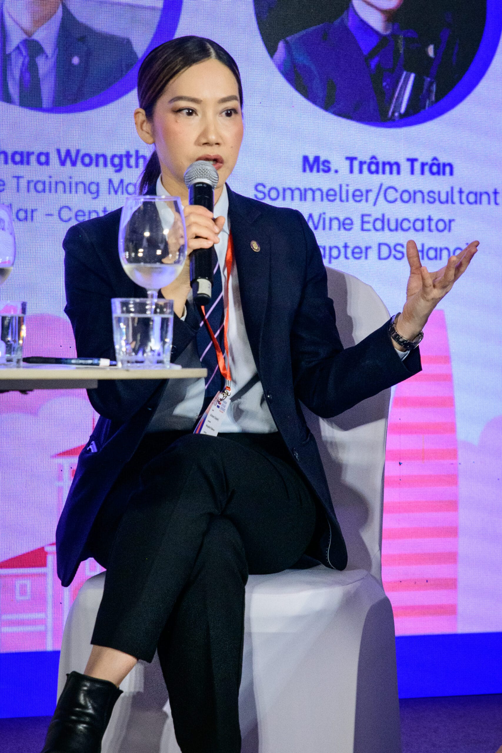 Khun Atchara Apple Wongthai Palleros, Wine Training Manager at Central Food Retail Thailand, speaking at the Next Generation Wine Consumer in Southeast Asia panel, Wines Experience Ho Chi Minh City 2026